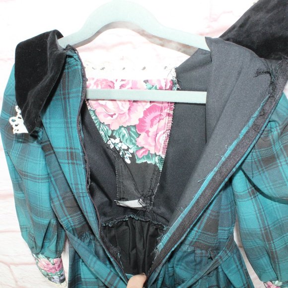 *Vintage Green Floral Checkered Layered Underskirt Midi Preppy Dress Size 5-6 - Picture 9 of 10